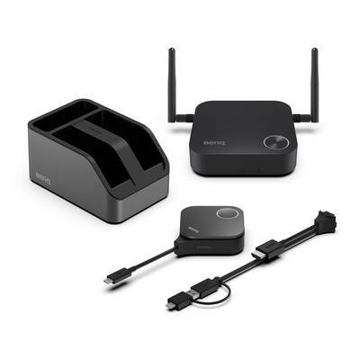 BenQ InstaShow – drahtloses Präsentationsgerät mit Hub, Taste und Kabelzubehör. Ermöglicht die Bildschirmfreigabe in Besprechungen.
