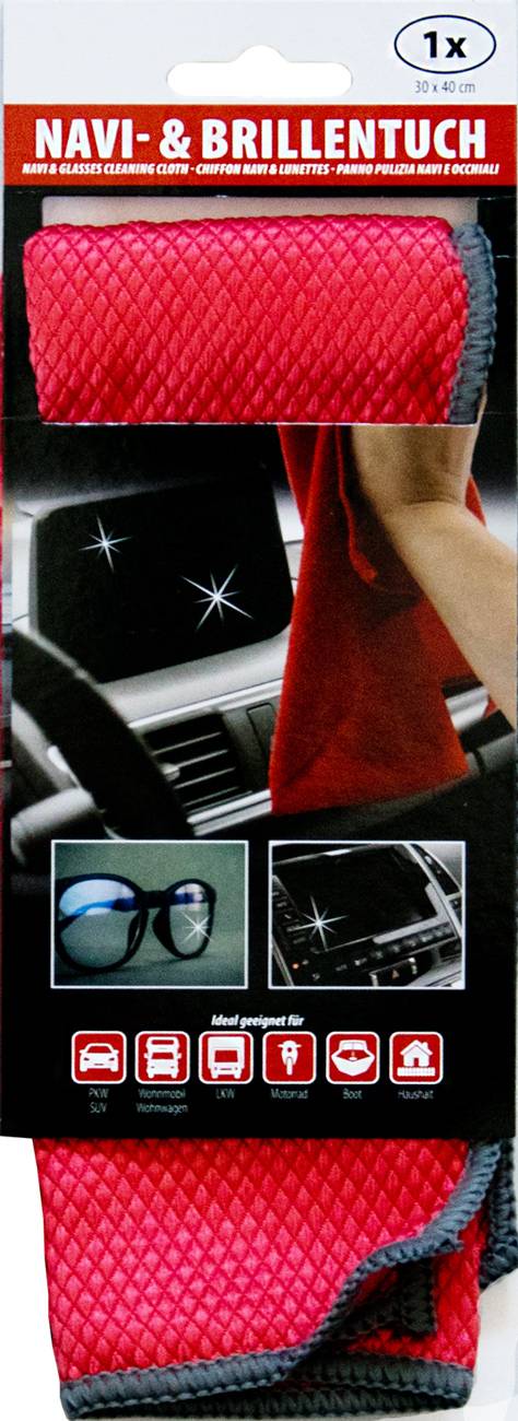Eine Hand nutzt ein rotes Tuch, um einen Autohimmel-Bildschirm zu reinigen und entfernt sternförmige Glanzreflexionen. Darunter wird gezeigt, wie eine Sonnenbrille Blendung reduziert.