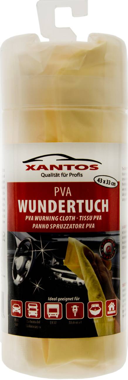 Xantos Wundertuch PVA-Wischtuch Verpackung mit Text in mehreren Sprachen. Das Frontlabel zeigt die Abmessungen: 43x33 cm.