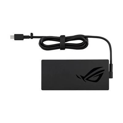 Ein schwarzer rechteckiger Ladestecker mit Kabel und Stecker, mit einem stilisierten Logo auf seiner Oberfläche.