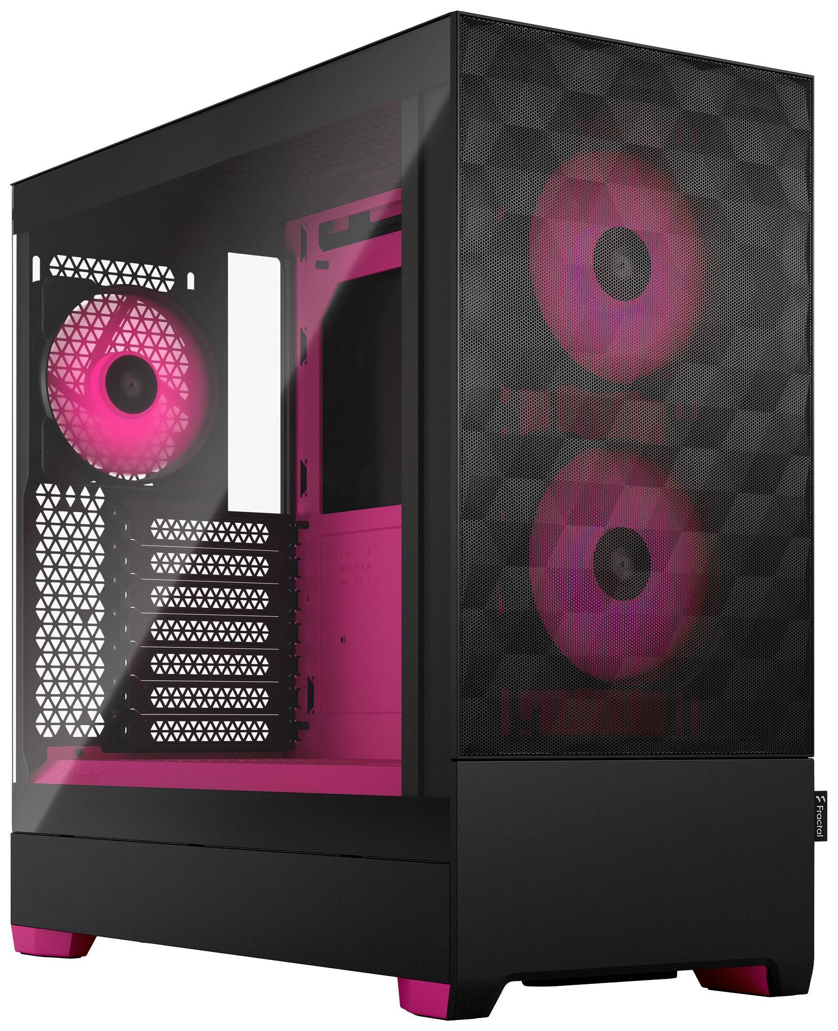 Schwarzes und rosa Computergehäuse mit drei großen, leuchtenden rosa Lüftern, die durch das Mesh-Front- und Seitenpanel sichtbar sind, für optimale Kühlung konzipiert.
