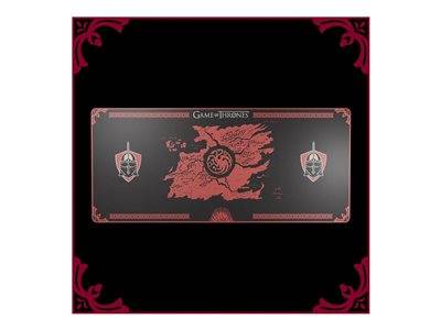 Eine Karte von Westeros aus Game of Thrones ist zentriert, mit roten Umrissen vor schwarzem Hintergrund und dekorativen roten Ecken.