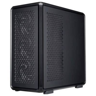 Ein schwarzes Computergehäuse mit sechseckigen Belüftungsmustern auf den Seiten- und Frontplatten, das auf vier kurzen Beinen steht.