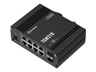 Ein schwarzer TSW210 Industrial-Ethernet-Switch mit mehreren Anschlüssen, mit dem Logo „Teltonika