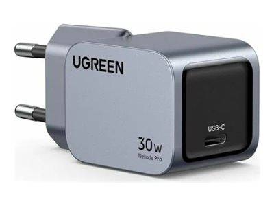 Silberner und schwarzer UGREEN 30W Nexode Pro USB-C Stromadapter.