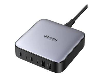 Ein kompakter rechteckiger UGREEN Multi-Port USB-Ladegerät mit fünf USB-Anschlüssen und einem angeschlossenen Kabel, entwickelt zum Laden mehrerer Geräte.