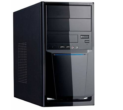 Ein schwarzer Desktop-Computer-Tower mit mehreren USB-Anschlüssen, einem DVD-Laufwerk und einem Netzschalter auf der Frontblende.