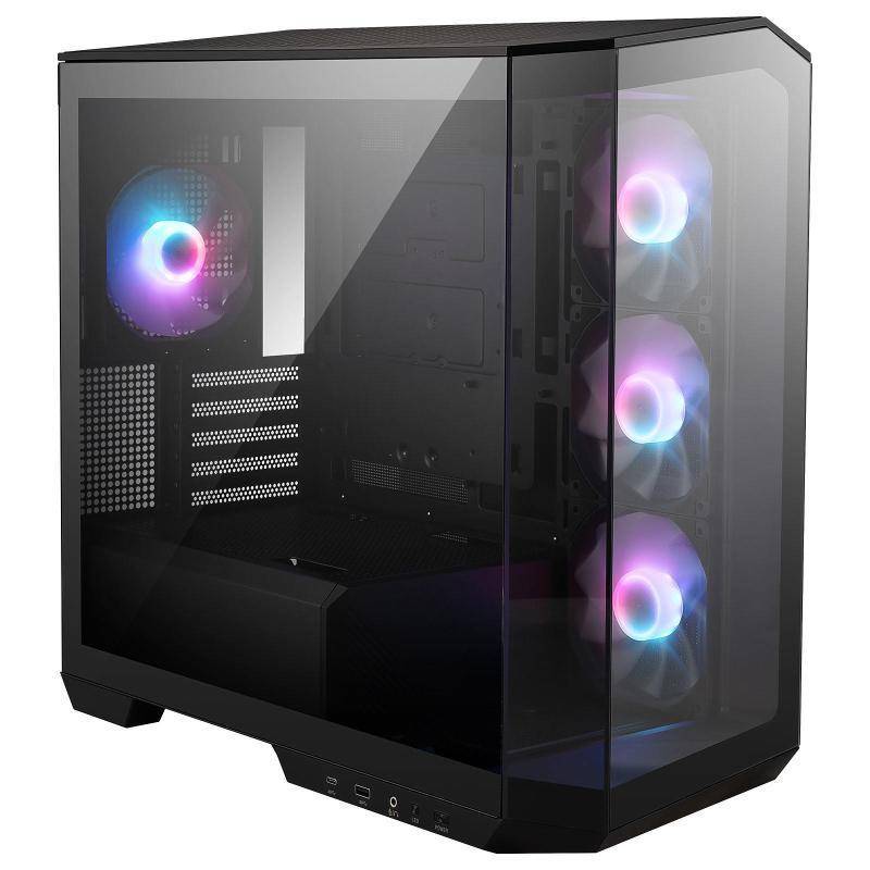Ein Gaming-PC-Turm mit einem Glasseitenpanel, das interne Kühlventilatoren mit farbigen LED-Lichtern zeigt, auf weißem Hintergrund.