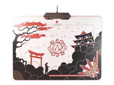 Laptop-Deckel mit einem Design, das einen roten Baum, eine Pagode, ein rotes Tor und schwarze Wolken zeigt und ein japanisches Thema evoziert, mit einem zentralen Emblem.