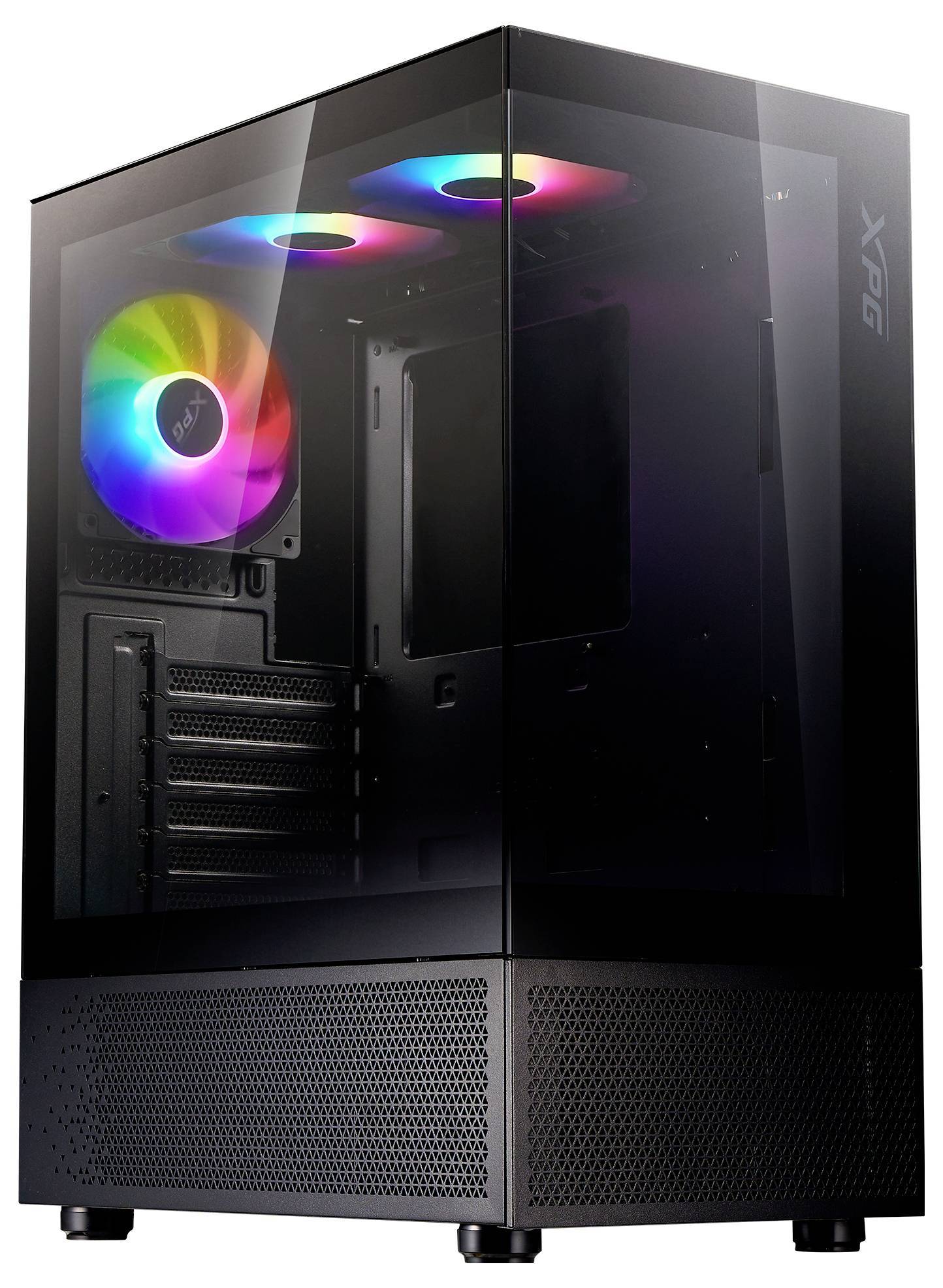 Gaming-PC-Gehäuse mit RGB-beleuchteten Lüftern, die das Innere ausleuchten. Das schwarze Gehärtetglaspanel zeigt das geräumige Design und die Kabelmanagement-Slots.