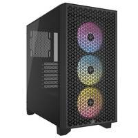 Ein schwarzer Computer-Turm mit einem Mesh-Frontpanel, das drei bunte RGB-Lüfter zeigt.