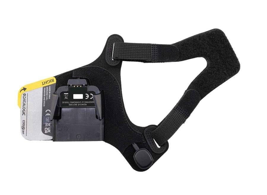 Eine schwarze Knöchelstützschiene mit verstellbaren Riemen und einem Akku mit der Aufschrift 