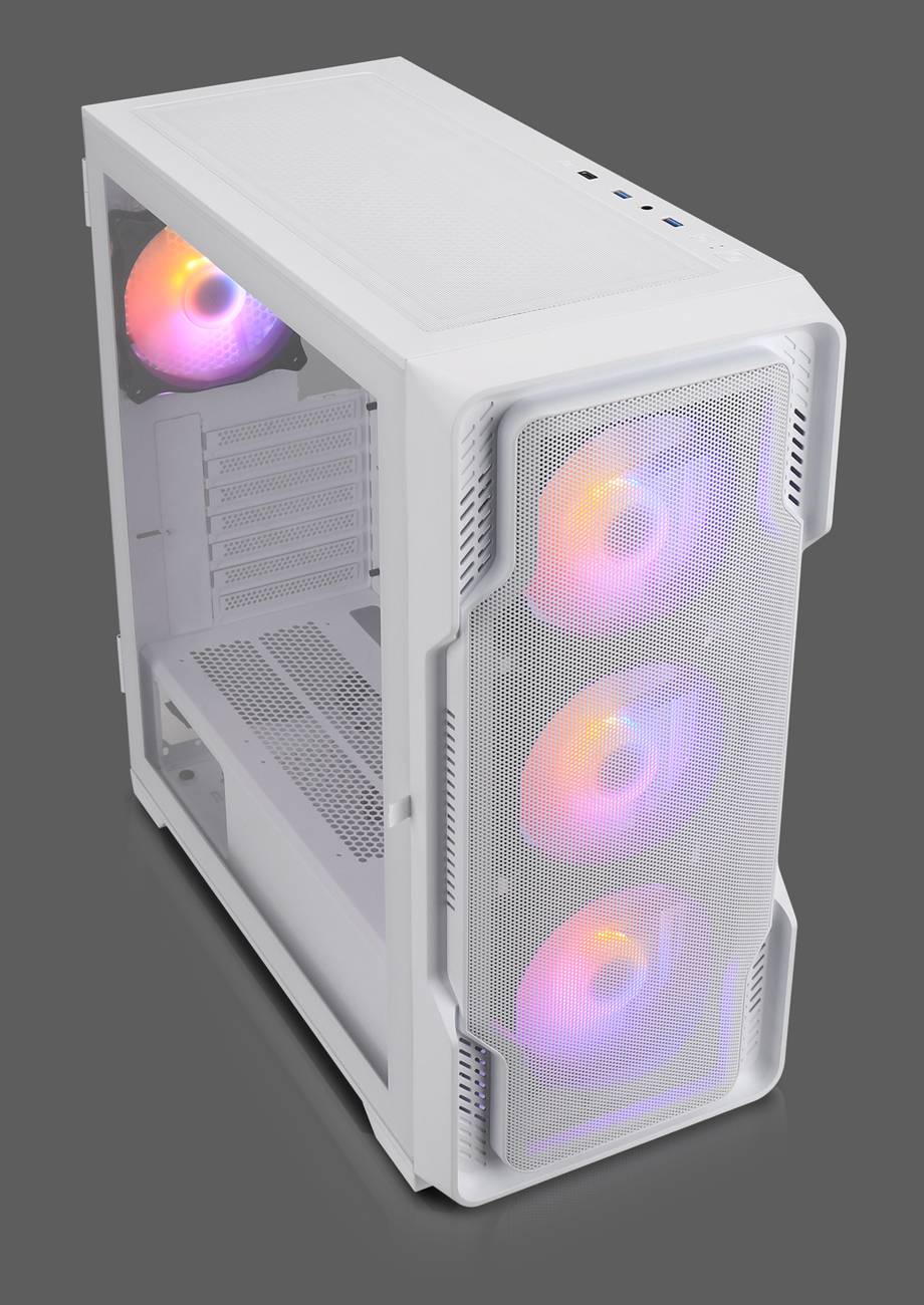 Ein weißes Computerturmgehäuse mit drei RGB-Lüftern an der Vorderseite und einem RGB-Lüfter hinten, aus einer Schrägansicht betrachtet, wobei Belüftung und Design betont werden.