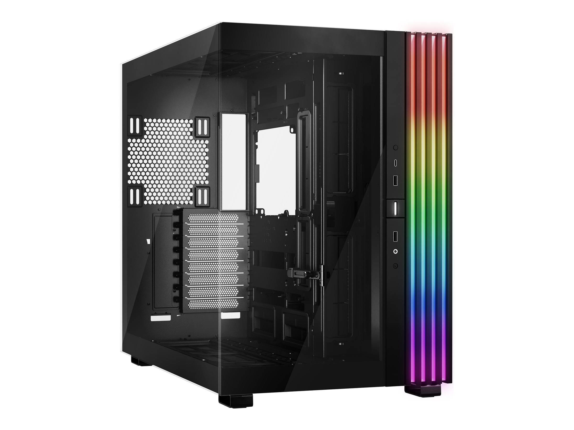 Ein schwarzes Computergehäuse mit transparenten Panels und RGB-Lichtleisten an der Ecke, das ein leeres Inneres und Anschlüsse an der Seite zeigt.