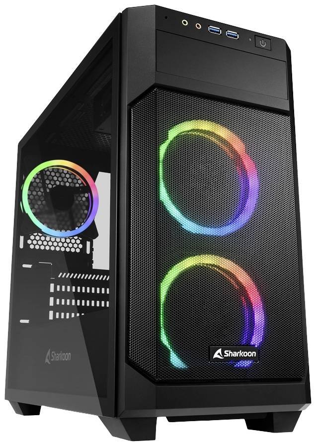 Ein schwarzer Sharkoon-PC-Turm mit RGB-beleuchteten Kühlventilatoren an der Vorder- und Rückseite, der interne Komponenten durch ein transparentes Seitenpanel zur Schau stellt.