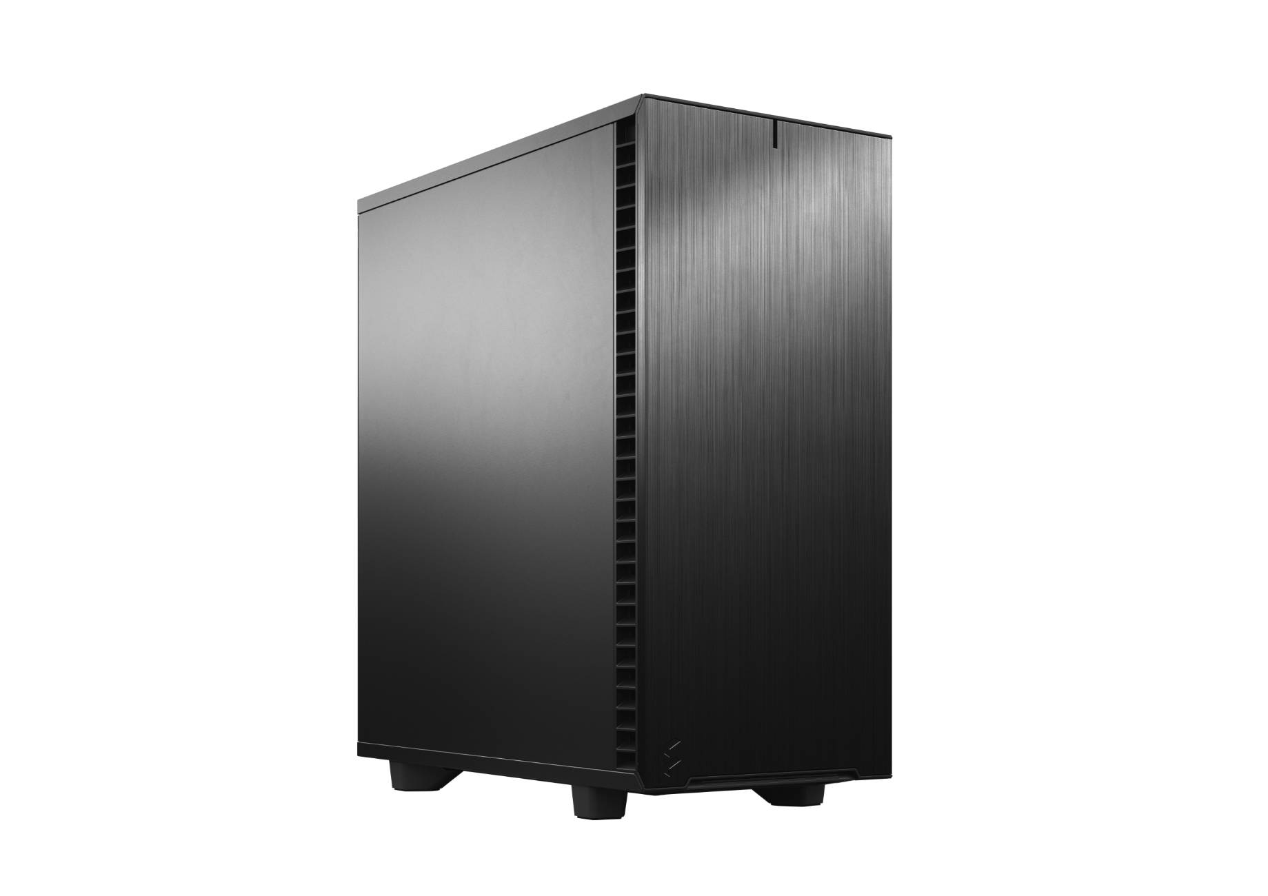 Ein elegantes, schwarzes Computergehäuse mit minimalistische Design und vertikalen Lüftungsschlitzen an der Seite. Es steht auf vier kurzen Füßen, was auf eine stabile Basis hinweist.
