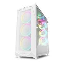 Weißer Gaming-PC-Tower mit mehreren RGB-beleuchteten Kühlventilatoren, die durch ein Mesh-Front- und Seitenpanel sichtbar sind.