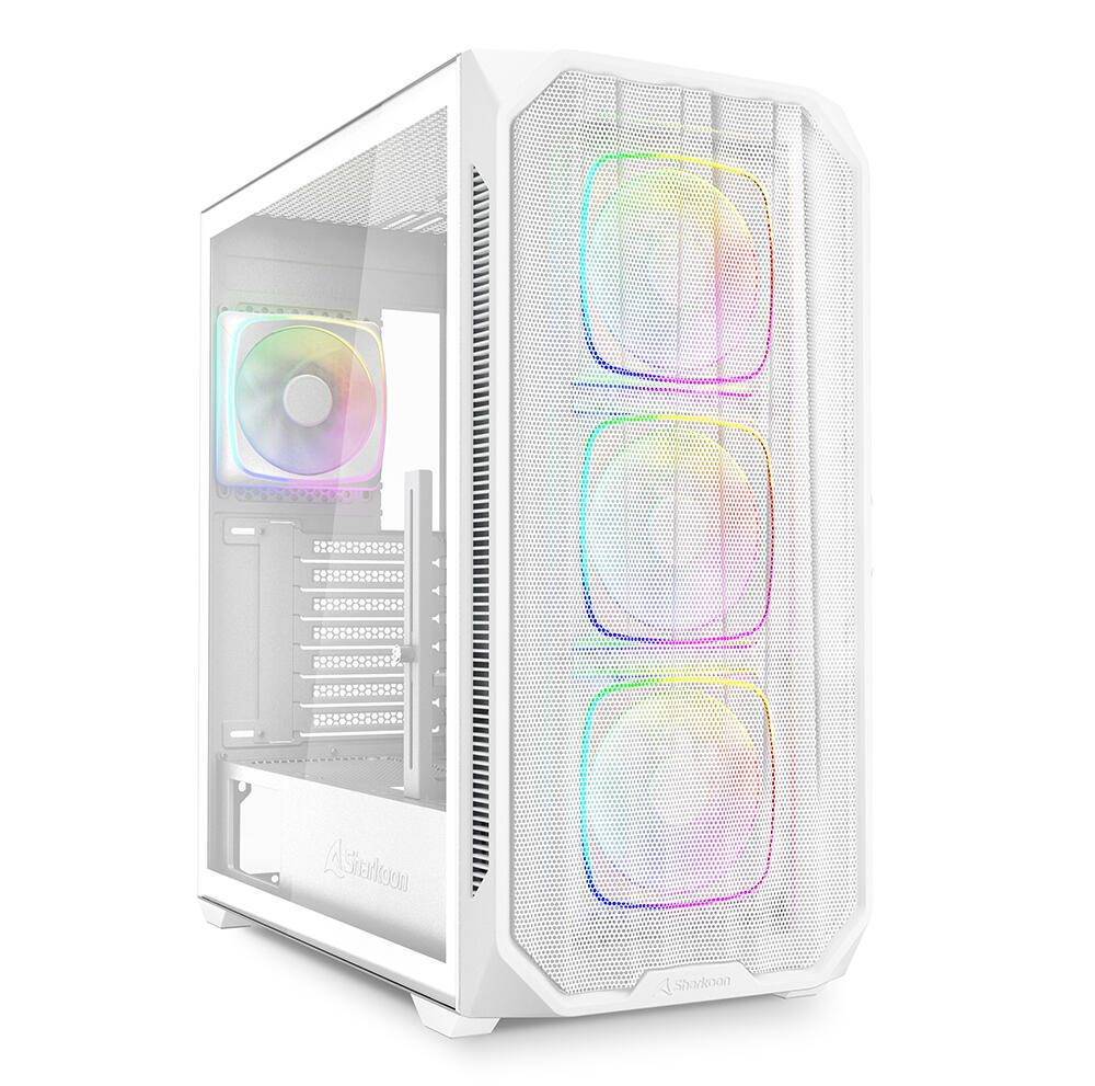Weißes Gaming-PC-Gehäuse mit transparentem Seitenpaneel und farbigen LED-Lüftern, geeignet zur Zur-Schau-Stellung von maßgeschneiderten Computerkomponenten.