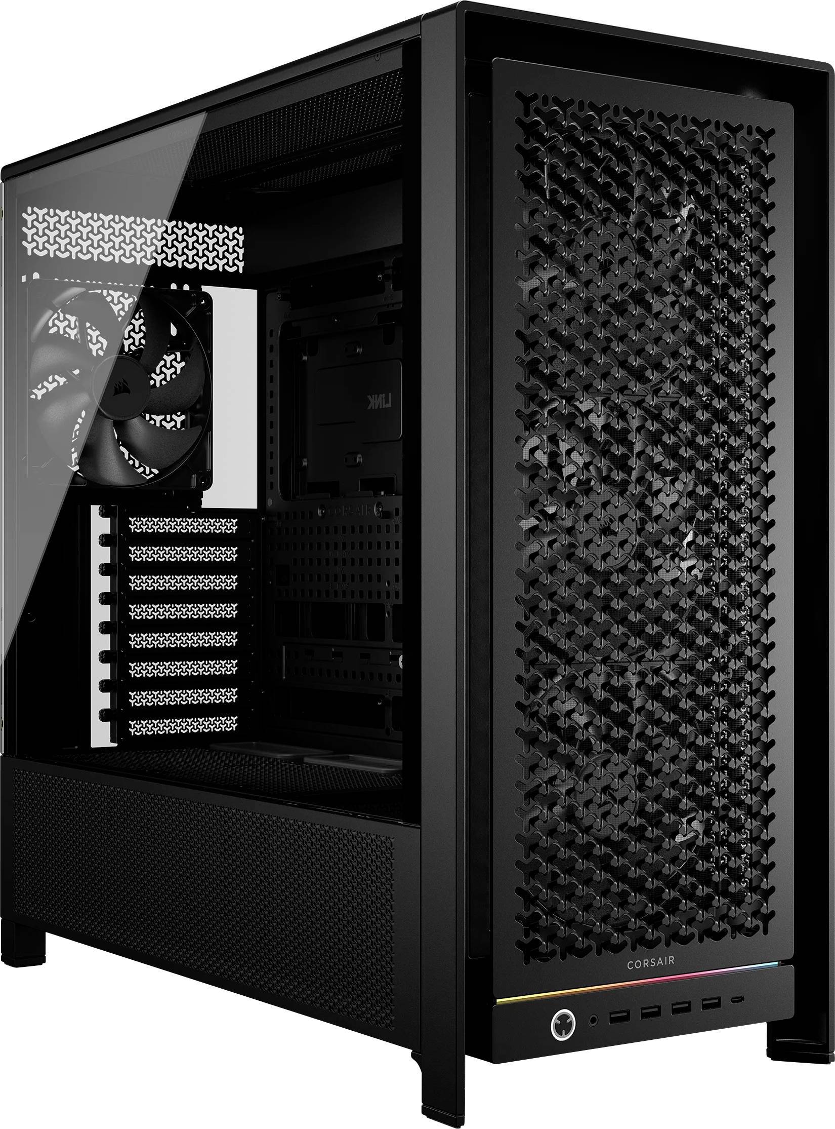 Ein schwarzes Computergehäuse mit belüftetem Frontpanel und sichtbarem Kühlgebläse. Ideal zum Zusammenstellen oder Aufrüsten eines PCs mit verbessertem Luftstrom.
