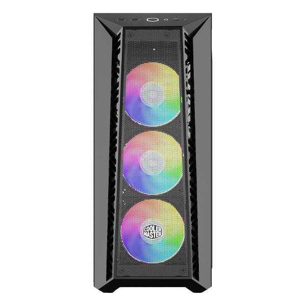 Cooler Master Computergehäuse mit drei vorne montierten RGB-Lüftern, mit lebendiger Regenbogenbeleuchtung, entwickelt für optimale Kühlung.