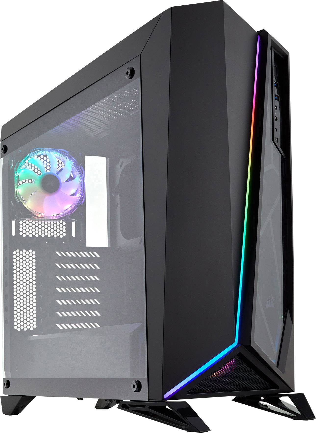 Ein schwarzer Computer-Tower mit RGB-Beleuchtung und einem sichtbaren Kühlungsventilator im Inneren, der ein modernes, elegantes Design zur Schau stellt.