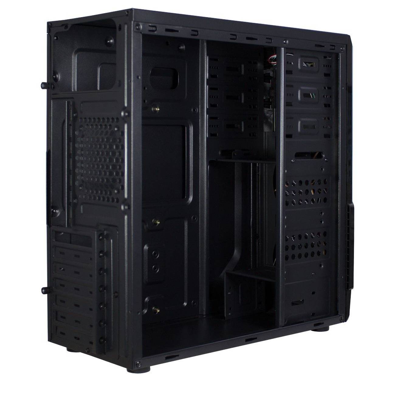 Ein schwarzes Computer-Gehäuse wird leer gezeigt, mit sichtbaren Steckplätzen und Befestigungspunkten für Komponenten wie das Motherboard und das Netzteil.