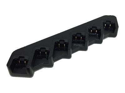 Ein schwarzes, mehrfach-Schacht-Akkuladegerät mit fünf Fächern zum gleichzeitigen Laden von Batterien, aus einem leichten Winkel betrachtet.