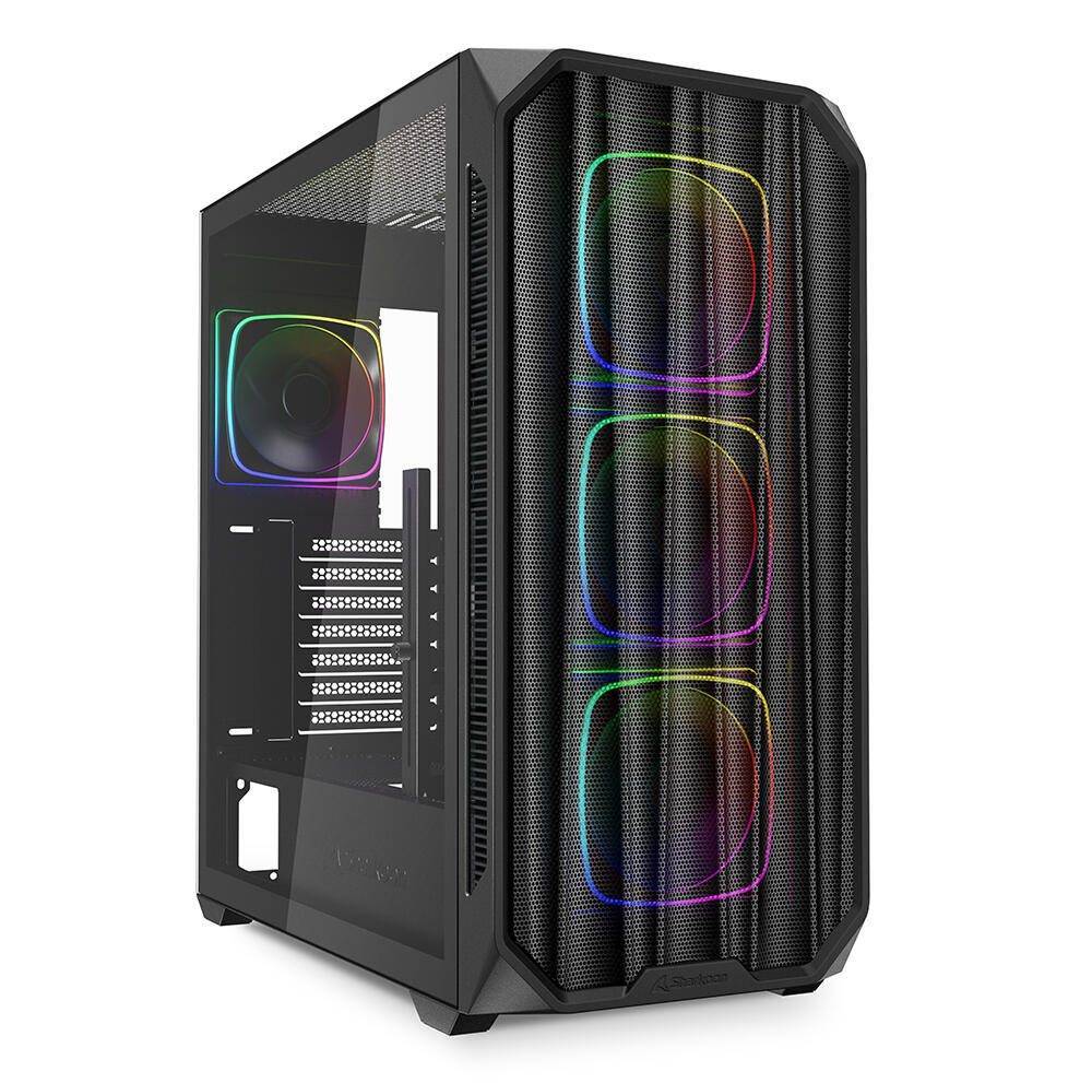 Ein schwarzes Computergehäuse mit RGB-Lüftern, die durch das vordere Maschenfeld sichtbar sind und das interne Beleuchtungs- und Kühlsystem präsentieren.