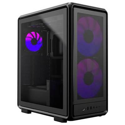 Ein schwarzer Computer-Tower mit transparentem Seitenpanel zeigt zwei große violett beleuchtete Lüfter. Die Vorderseite verfügt über zwei beleuchtete Lüfter.