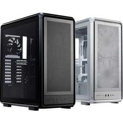 Zwei Computer-Gehäuse, eines in Schwarz und eines in Weiß, verfügen über transparente Seitenpaneele und Belüftungsgitter an der Vorderseite.