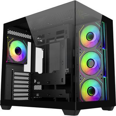 Ein Computer-Gehäuse mit transparentem Seitenpanel, das farbige RGB-Kühlventilatoren und mehrere Steckplätze für Komponenten zeigt.
