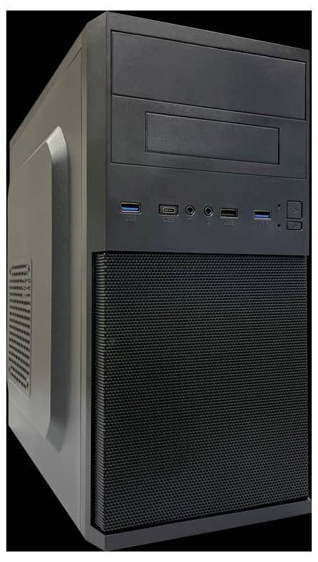 Ein schwarzer Computer-Tower mit USB-Anschlüssen, Audio-Buchsen und Ein-/Ausschalter auf der Frontblende.