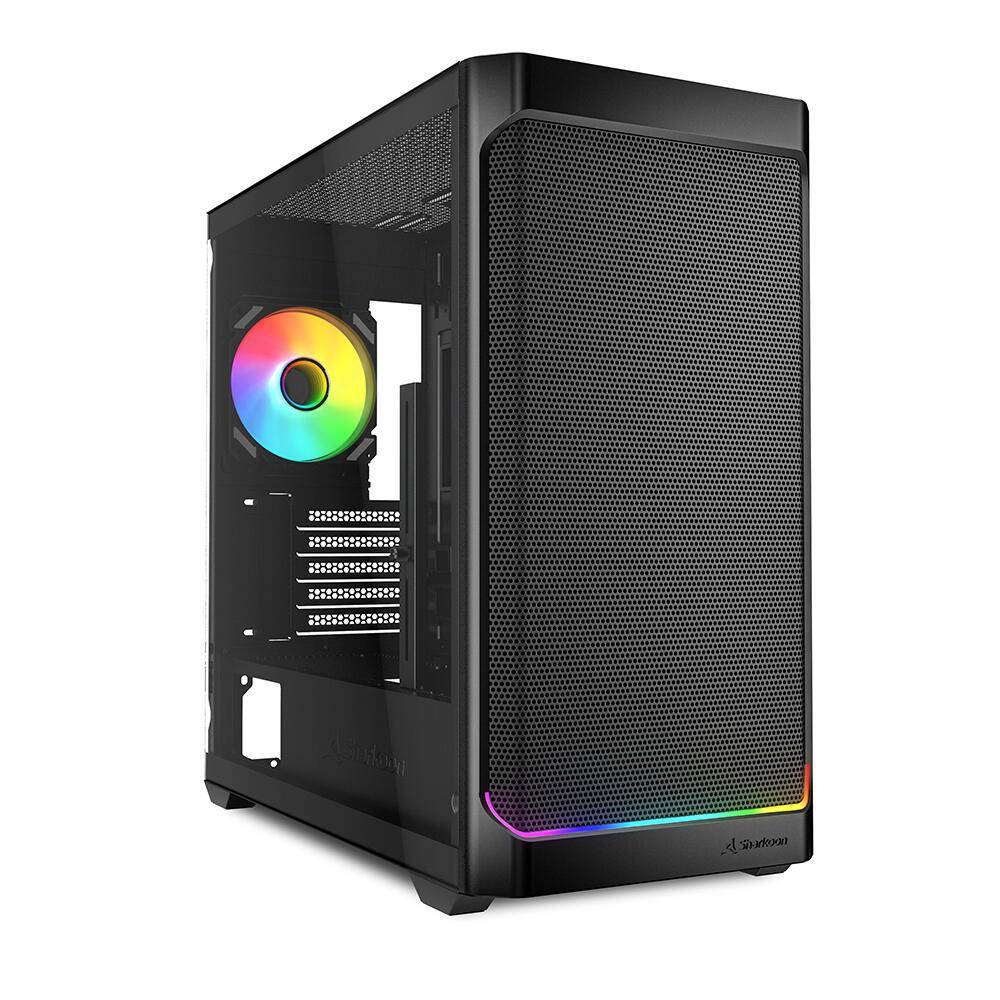 Ein schwarzes Computer-Gehäuse mit einer Mesh-Frontplatte, mit einem leuchtenden RGB-Lüfter, der im Inneren sichtbar ist.
