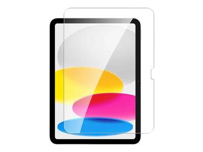 Tablet mit lebhaftem Bildschirm, der abstrakte Formen anzeigt, teilweise durch eine transparente Schutzfolie bedeckt.