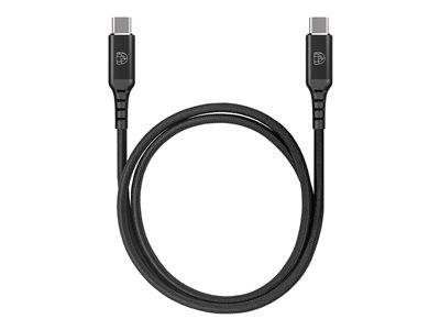 Ein USB-C-auf-USB-C-Kabel, schwarz, gewickelt, mit Anschlüssen an beiden Enden zum Laden oder zur Datenübertragung.