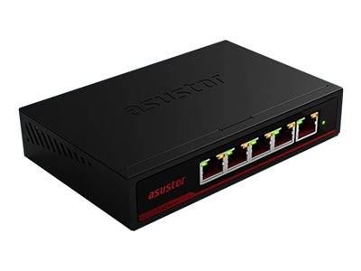 Schwarzer Netzwerk-Switch mit fünf Ethernet-Anschlüssen, die jeweils mit grünen und orangefarbenen Anzeigelichtern auf der Frontplatte ausgestattet sind. Markenlogo oben.