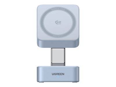 Ein blauer UGREEN Wireless-Ladegerät mit klappbarem Design und angezeigtem „Qi 2