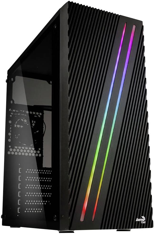 Ein schwarzer Computer-Tower mit diagonalen Lüftungsschlitzen und vertikalen RGB-Beleuchtungsstreifen auf der Frontplatte. Das Seitenpanel ist transparent und zeigt die internen Komponenten.