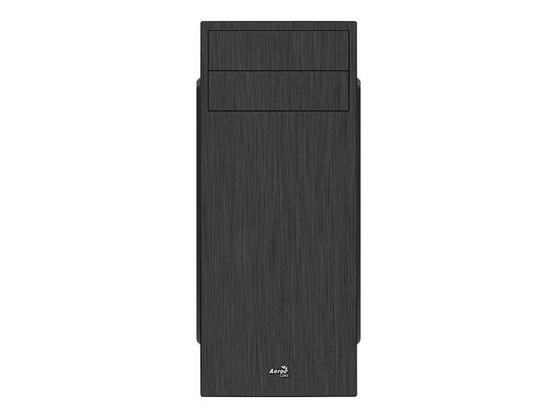 Ein hohler, rechteckiger schwarzer Computerturm mit glatter Frontplatte, unten mit dem Label „AeroCool