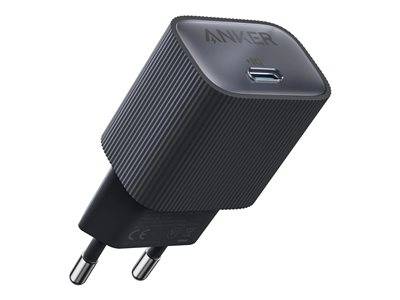 Ein schwarzes Anker USB-Wandladegerät mit europäischen Steckerkontakten, das einen USB-C-Anschluss oben aufweist, vor einem weißen Hintergrund dargestellt.