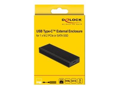 Delock USB-Typ-C Externes Gehäuse für 1 x M.2 PCIe oder SATA SSD - Verpackung in Gelb mit Produktabbildung und Branding.