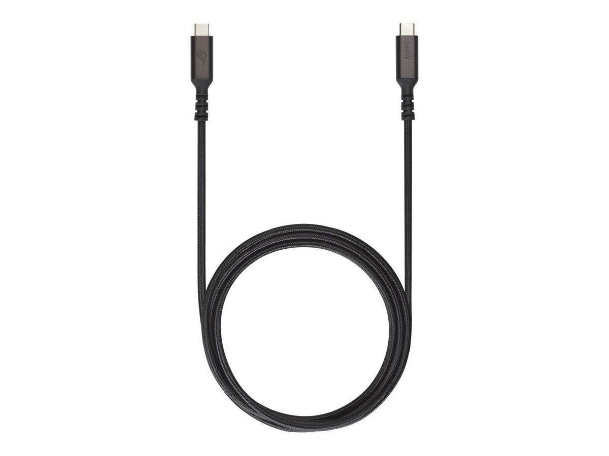Ein schwarzes USB-C-zu-USB-C-Kabel, in der Mitte aufgerollt, mit Steckern an beiden Enden, geeignet zum Laden und zur Datenübertragung.