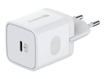 Ein weißes USB-Wandladegerät mit europäischem Stecker, das einen einzelnen USB-C-Anschluss und ein Logo in der Nähe des Anschlusses aufweist.
