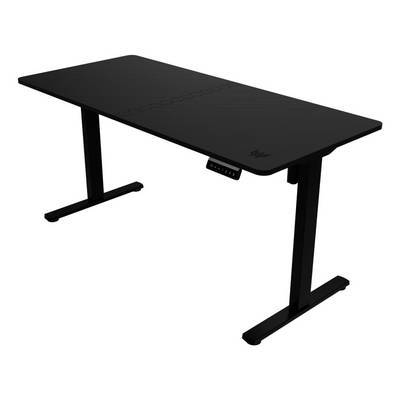 Ein schwarzer Schreibtisch mit verstellbarer Höhe und einem digitalen Bedienfeld an der Seite zum Anheben und Senken der Schreibtischfläche.