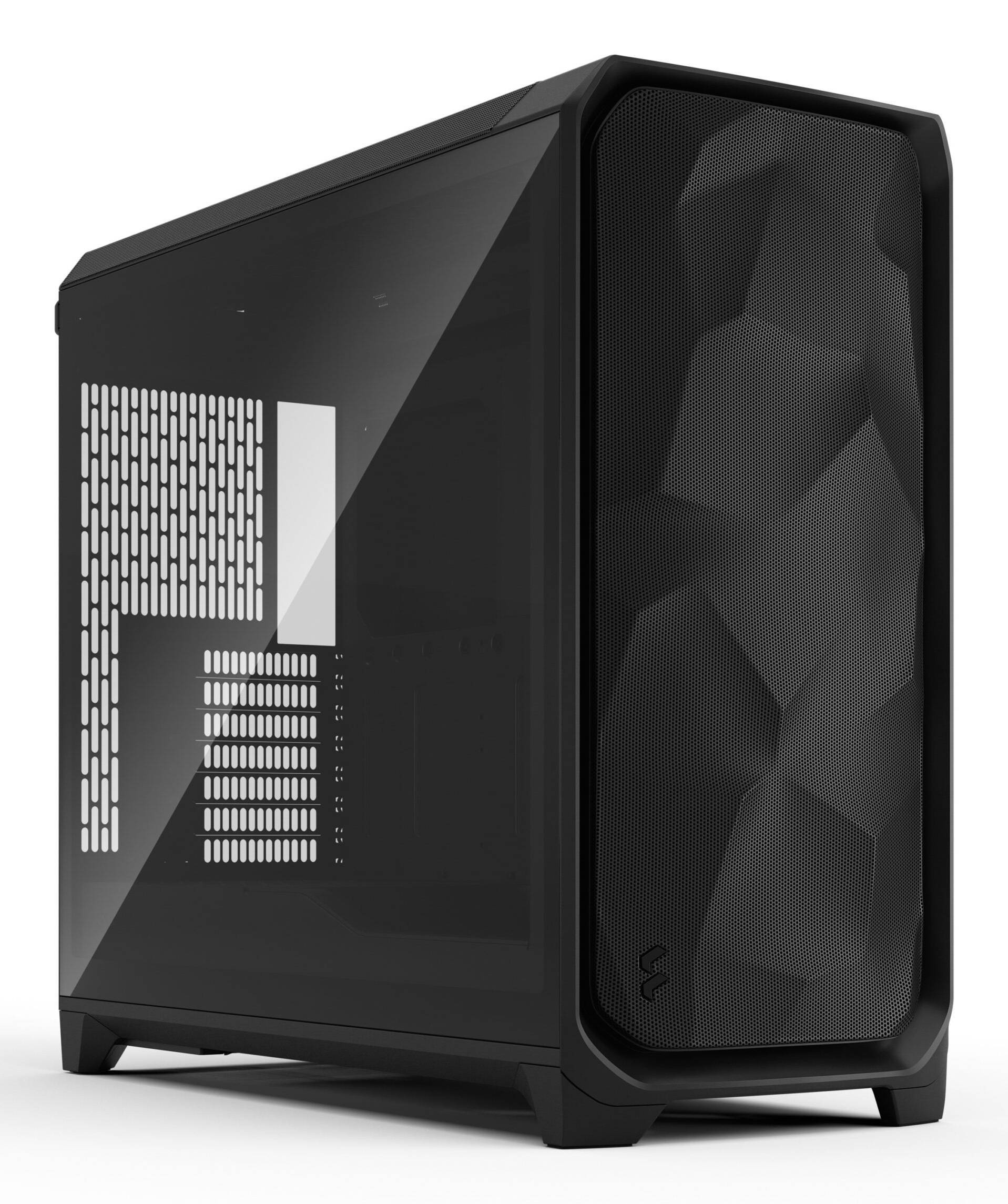 Ein schwarzer Desktop-Computer-Tower mit Mesh-Frontpanel-Design, Seitenlüftung und transparentem Seitenpanel zur Anzeige der internen Komponenten.