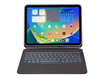 Ein Tablet, auf dem verschiedene App-Symbole und Widgets auf dem Startbildschirm angezeigt werden, auf einer Tastaturhülle platziert, was auf Funktionalität für Arbeit oder Studium hindeutet.