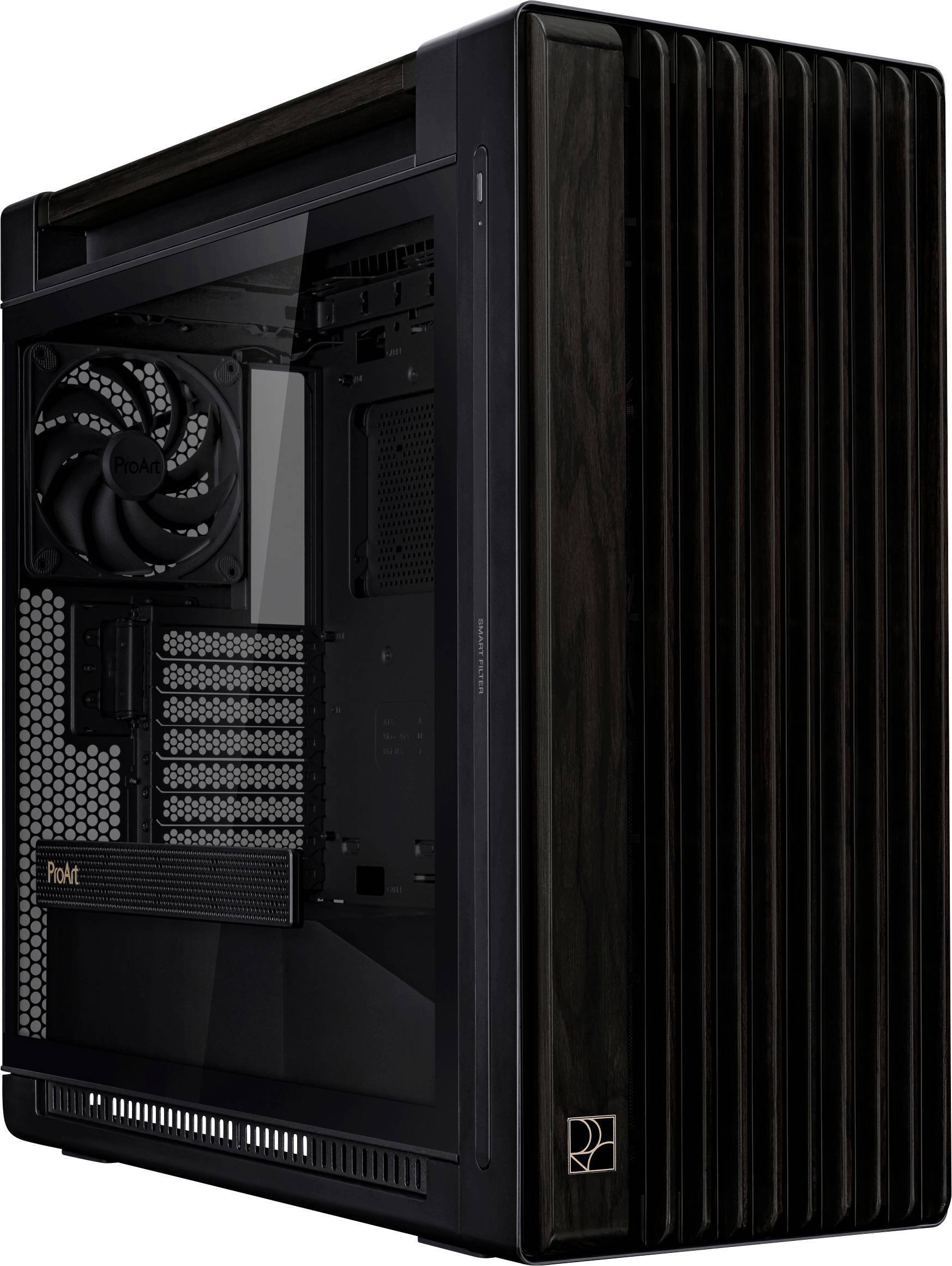 Ein elegantes schwarzes Computergehäuse mit transparenter Seitenwand, die interne Fächer, Kühlüfter und PCI-Steckplätze zeigt.