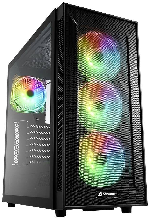 Ein Gaming-PC-Gehäuse mit transparenten Seiten zeigt bunte LED-beleuchtete Lüfter.