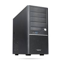 Ein schwarzer Desktop-Computer-Tower mit USB-Anschlüssen an der Vorderseite und einem Stromknopf. Geeignet für Heim- oder Bürogebrauch.