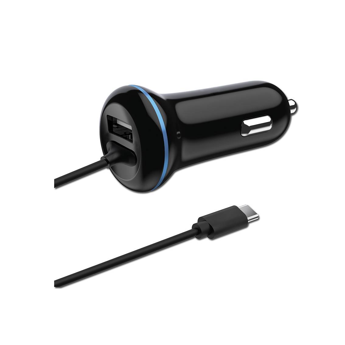 Ein schwarzes Autoladegerät mit blauem Akzent und zwei USB-Anschlüssen, angebracht an einem USB-C-Kabel.